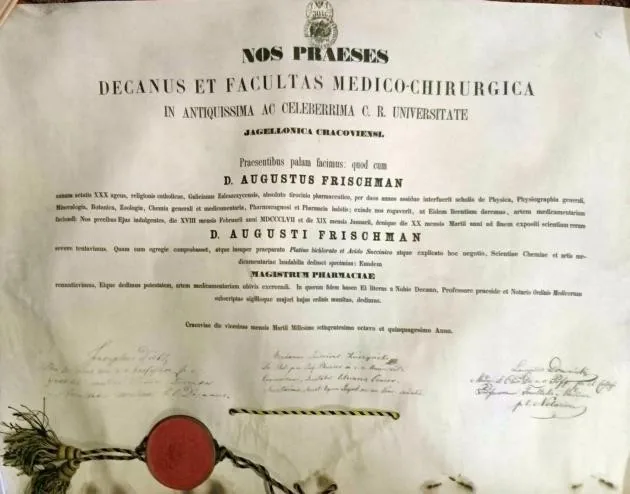 Dyplom farmacji Augusta Frischmana z Uniwersytetu Jagiellońskiego, 1858