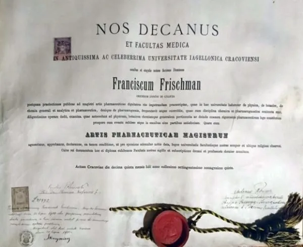 Dyplom farmacji Franciszka Frischmana z Uniwersytetu Jagiellońskiego, 1895